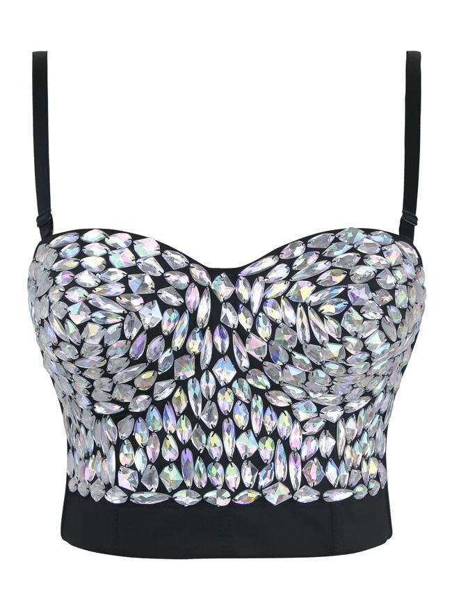 Solid Color Rhinestone Beaded Push Up Bra Studded Gem Clubwear Party  Bustier Crop Top - United Corsets