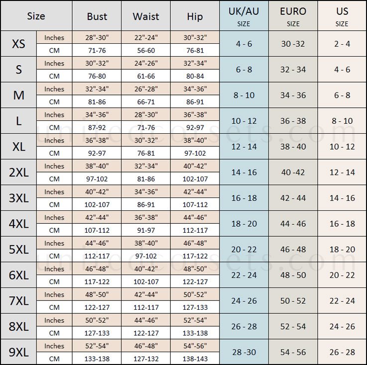Size Chart & F.A.Q - United Corsets